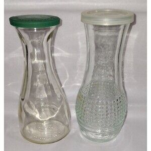 2 Vintage Good Seasons Glass Salad Dressing Measuring Cruets Green / White Lids